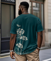 Men's Plus Size Green Dandelion Print Henry Collar Button Short Sleeve Tee